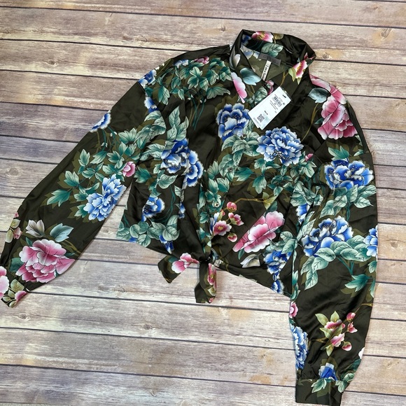 Guess Tops - GUESS Women's ECO LONG SLEEVE BOWED JUN SATIN SHIRT Green Size M